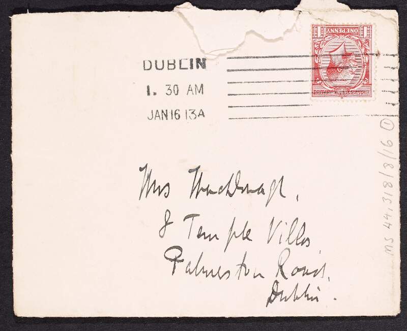 Letter from Thomas MacDonagh to Muriel MacDonagh saying that he will be with her around 11am tomorrow,