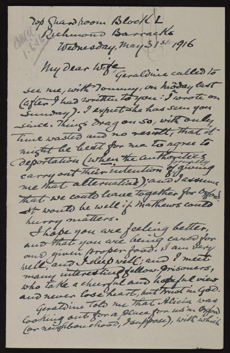 Letter to Mary Josephine Plunkett, Countess Plunkett, from George Noble Plunkett, Count Plunkett, regarding their deportation from Ireland and their plans to settle in Oxford,