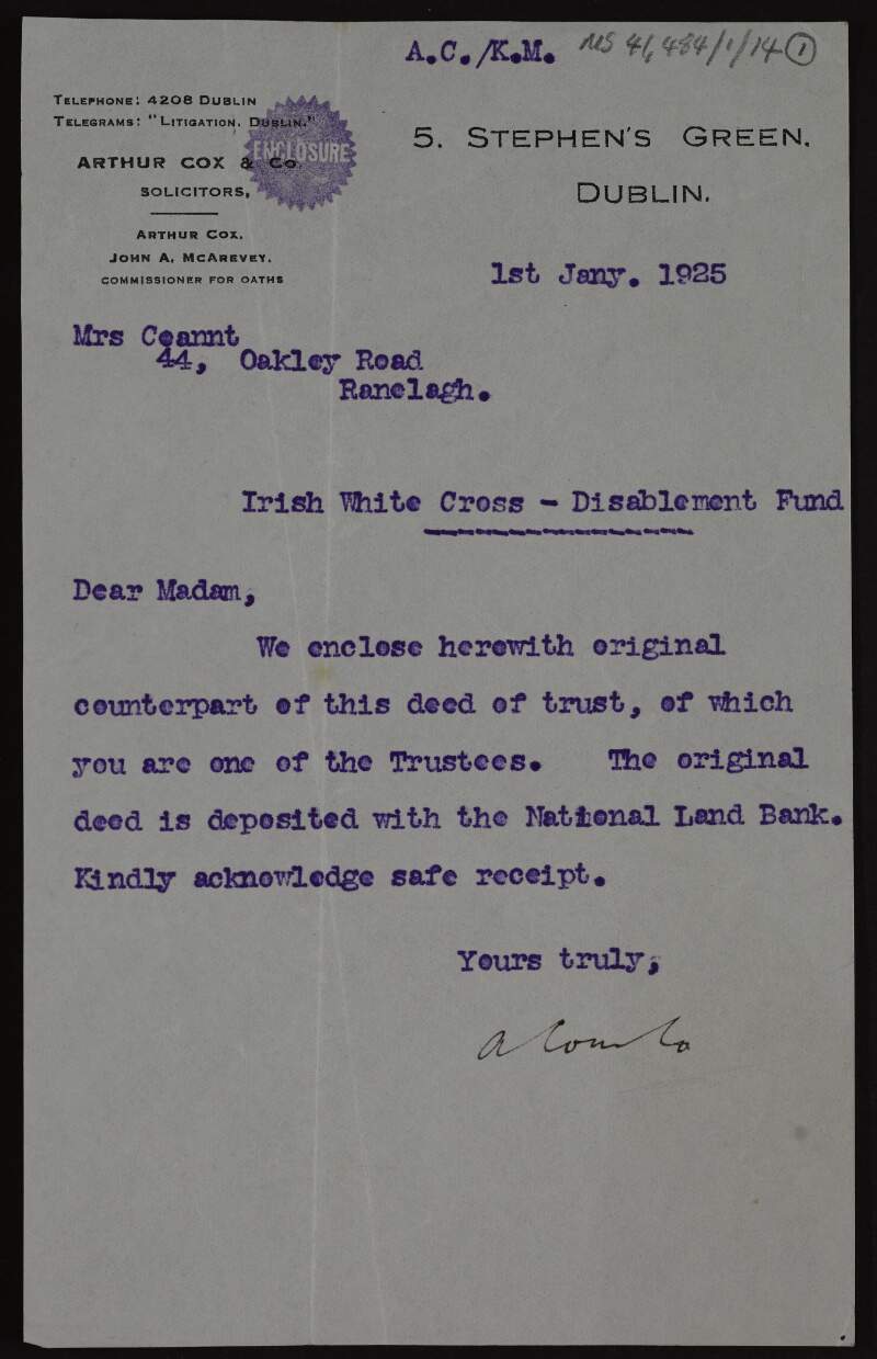 Letter from Arthur Cox to Áine Ceannt enclosing original counterpart of the deed of trust for the Irish White Cross Disablement Fund,