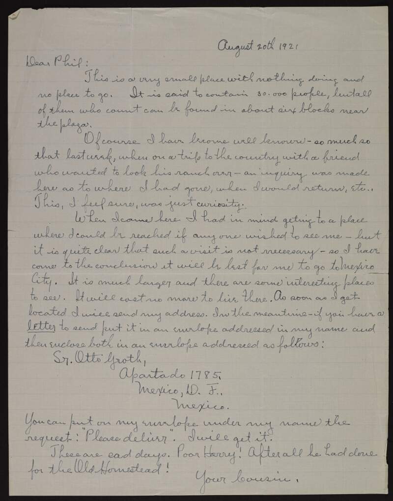 Letter from John T. Ryan to Joseph McGarrity with details on how to contact him in Mexico,