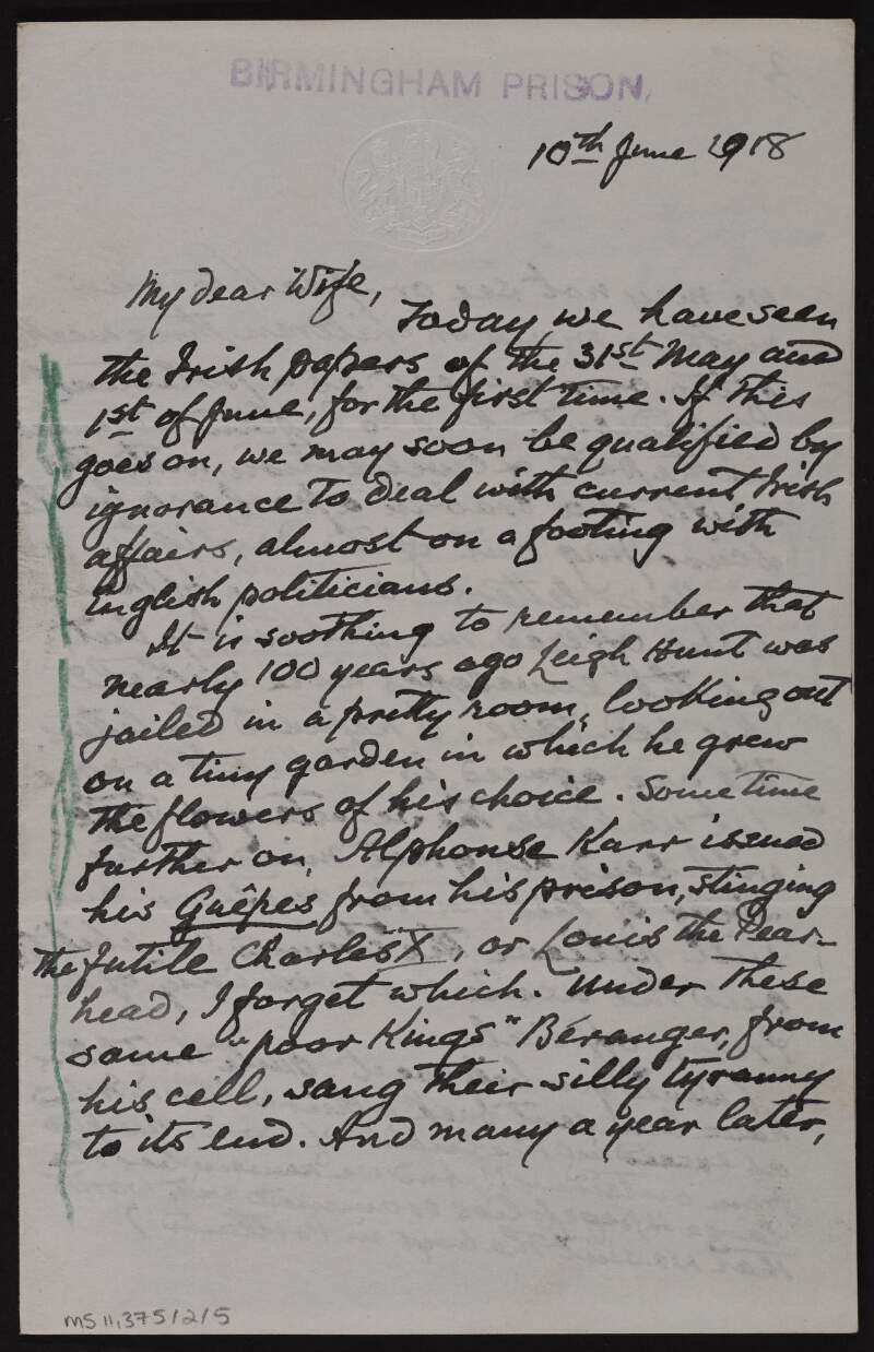 Letter to Mary Josephine Plunkett, Countess Plunkett, from George Noble Plunkett, Count Plunkett, complaining that he is receiving letters with their envelopes removed while in prison,