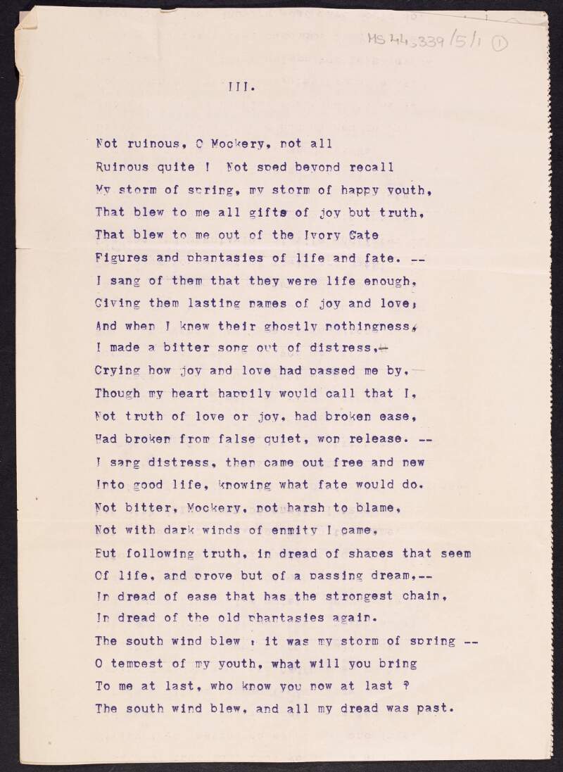 Typescript of stanza 3 and 4 of draft poem entitled 'The song of joy', written by Thomas MacDonagh,