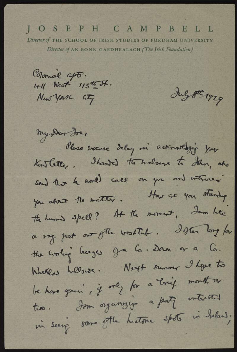 Letter from Joseph Campbell to Joseph McGarrity regarding a possible tourist venture to Ireland and a desire to meet for dinner,