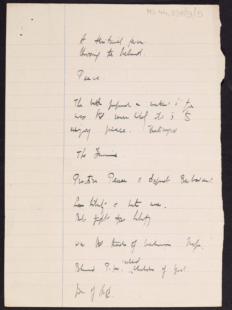 Draft manuscript of poem entitled 'Peace', written by Thomas MacDonagh,