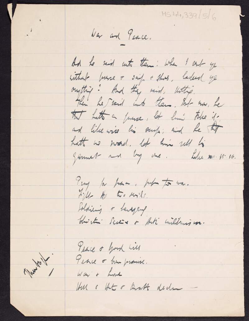Draft manuscript of poem entitled 'War and Peace' written by Thomas MacDonagh,