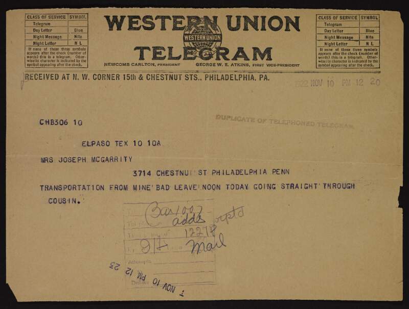 Telegram from John T. Ryan to Joseph McGarrity : "Transportation from mine bad, leave noon today, going straight through, Cousin",