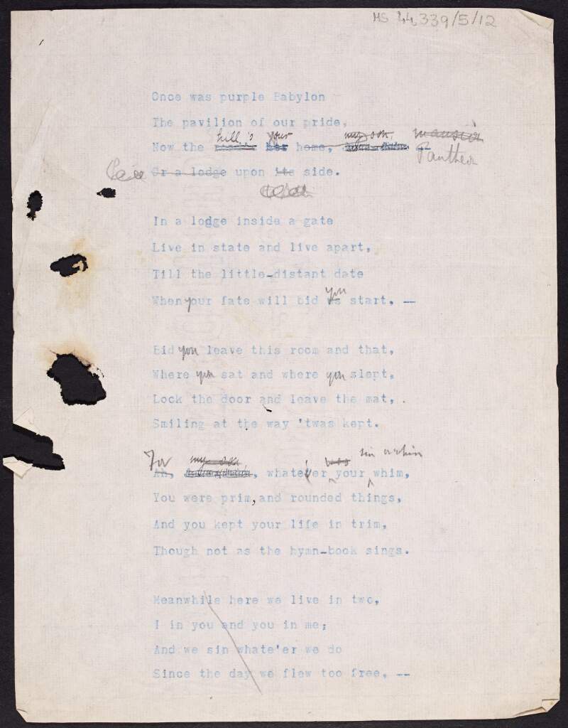 Draft typescript of poem entitled 'Grange House Lodge', written by Thomas MacDonagh,