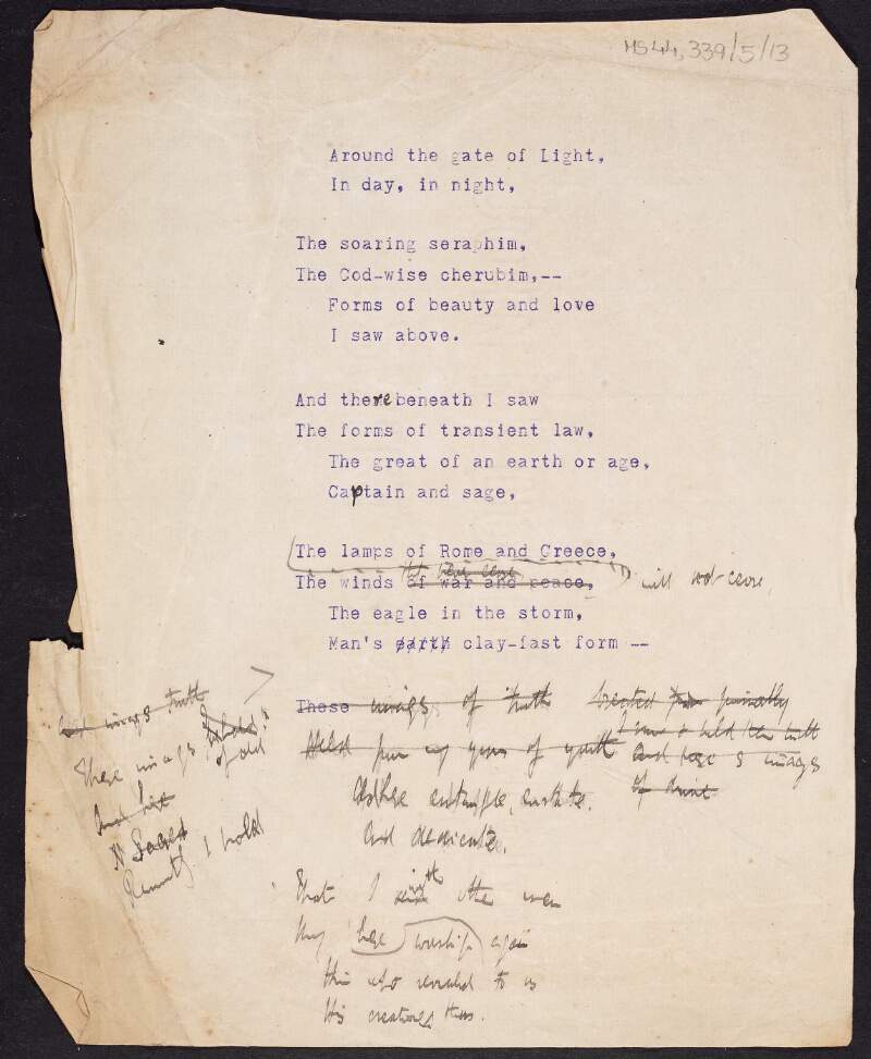 Draft typescript of poem entitled 'Images', including annotations and additional stanza's, written by Thomas MacDonagh,