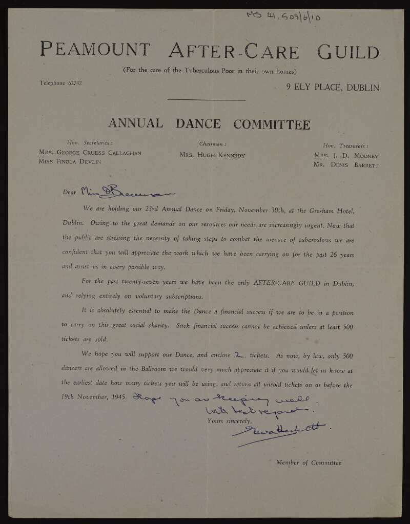 Letter to Kathleen O'Brennan from Eva [Hackett] hoping that Kathleen O'Brennan will attend a fund-raising dance of the Peamount After-Care Guild and enclosing tickets,