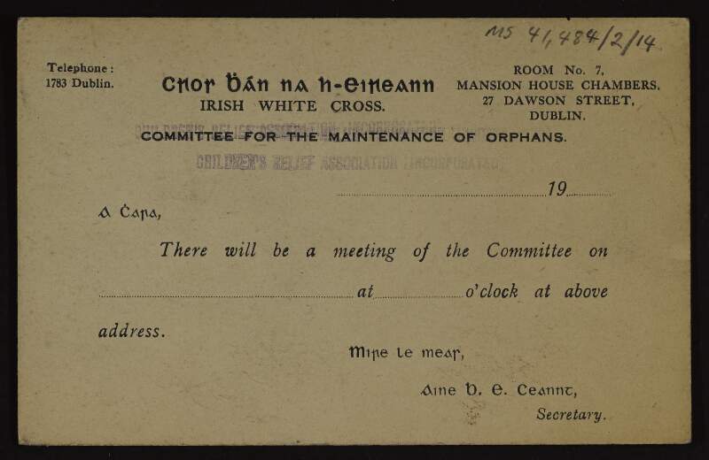 Invitation to a meeting for the Irish White Cross, Committee for the Maintenance of Orphans from the Secretary, Áine Ceannt,