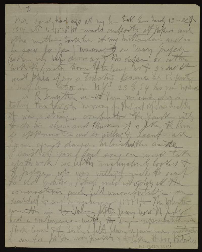 Memo by [Joseph McGarrity] to unknown recipient giving news relating to "Sir R" [Roger Casement],