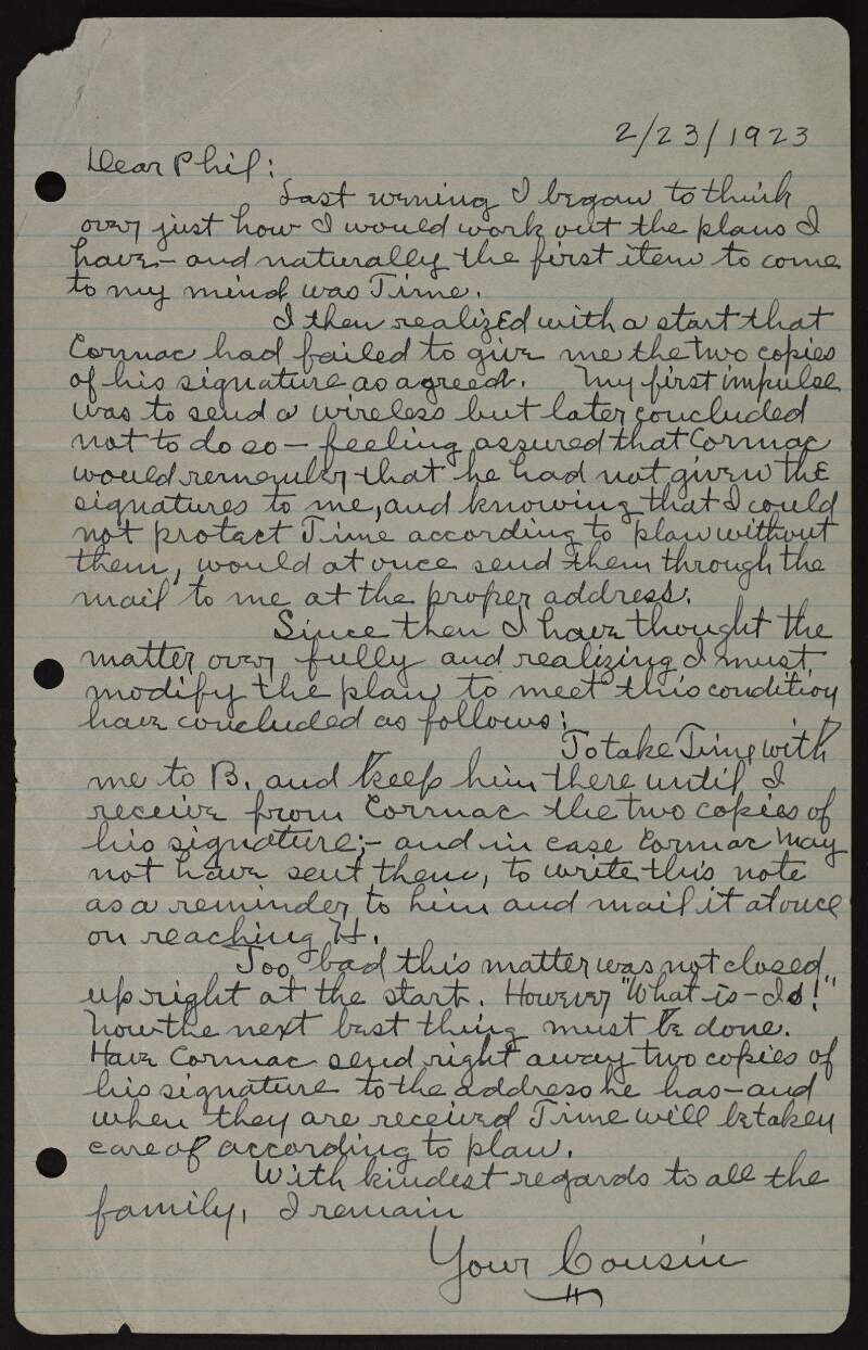 Letter from John T. Ryan to Joseph McGarrity discussing plans involving someone with the code name "Time",