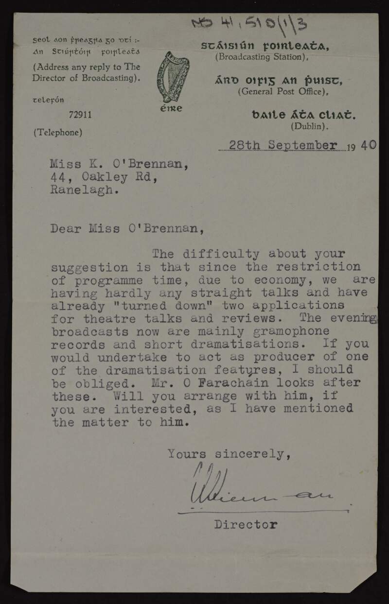 Letter to Kathleen O'Brennan from Radio Éireann about the type of broadcasts at that time, and a suggestion that Kathleen O'Brennan might produce a dramatisation,