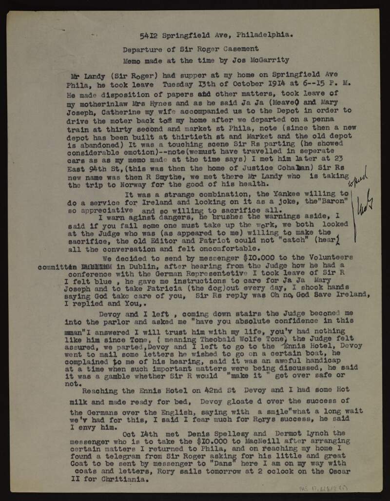 Typescript memo about the departure of Sir Roger Casement by Joseph McGarrity,