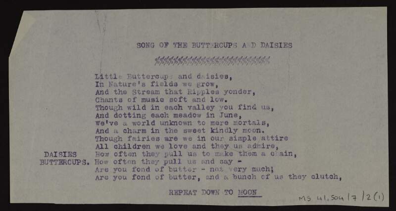 Typescript copies of lyrics to 'Song of the Buttercups and daisies',
