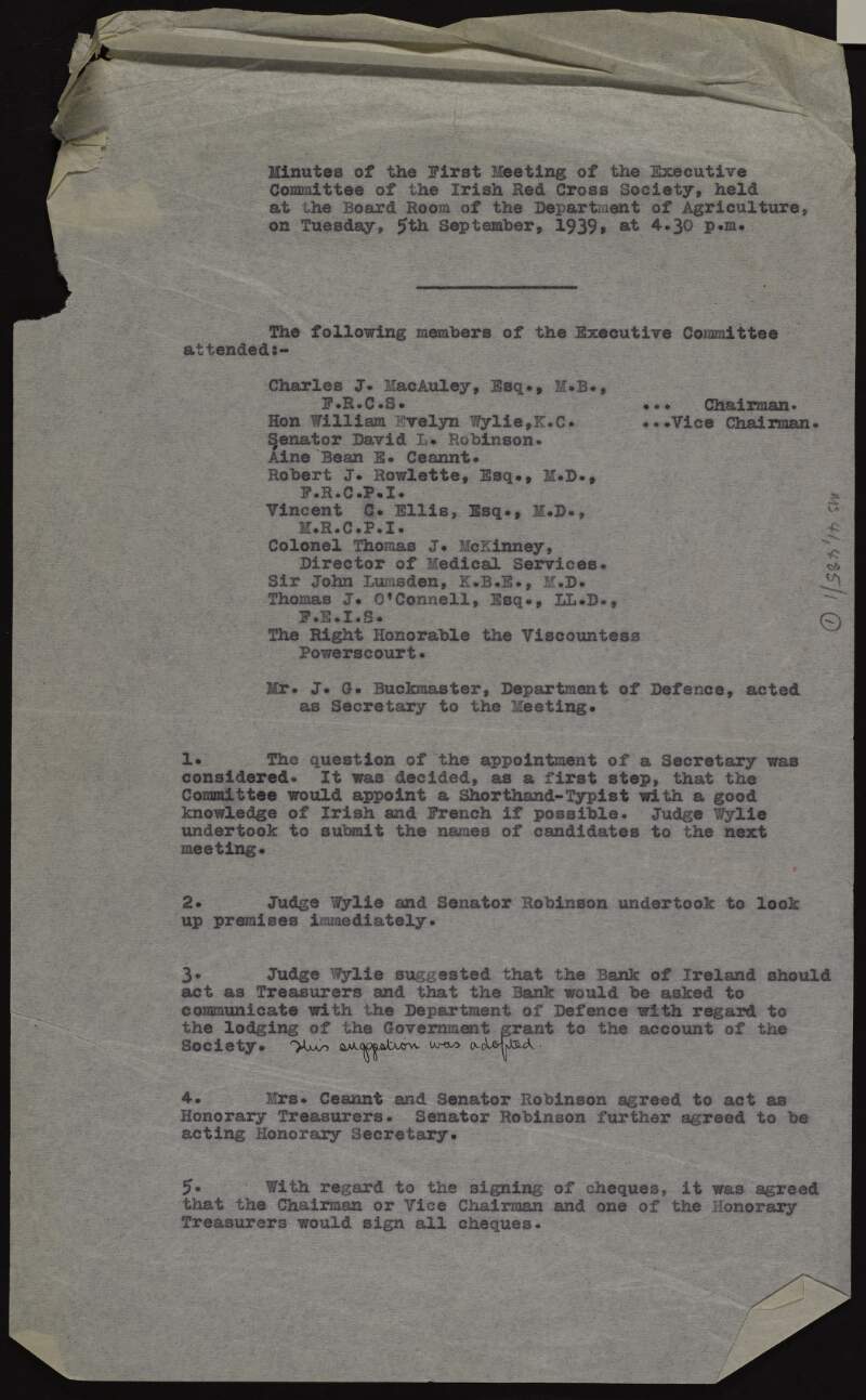 Copy of minutes of the first meeting of the Executive Committee of the Irish Red Cross relating to the establishment of the society and the appointment of offices,