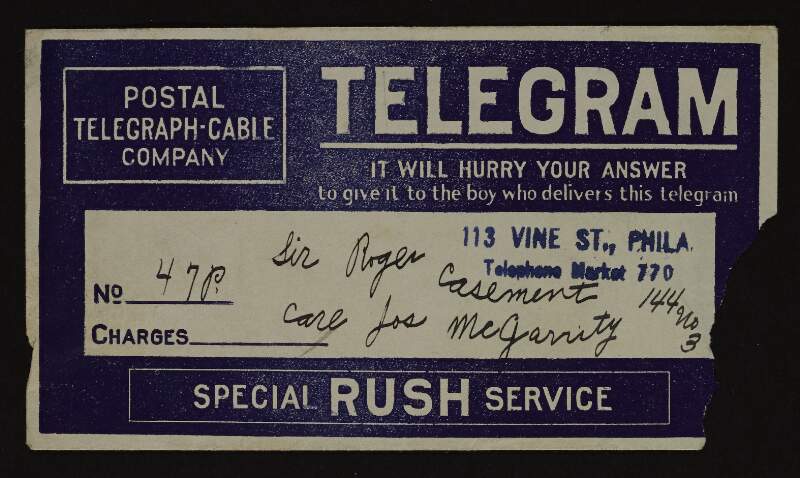 Telegram from A. F. Donnell of the Boston Sunday Post to Roger Casement, Philadelphia, asking him for a photograph for an article on plea for arms for the Irish,
