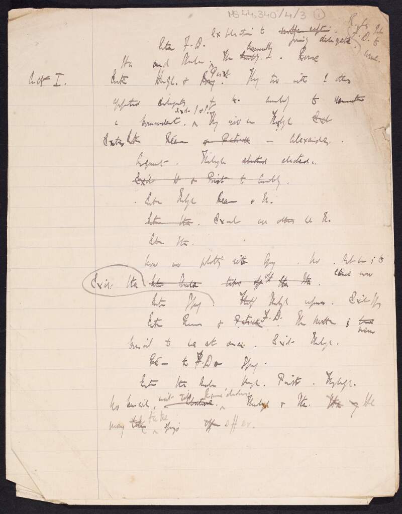 Handwritten draft of the play 'When the Dawn is Come', Act One, including all characters, written by Thomas MacDonagh,