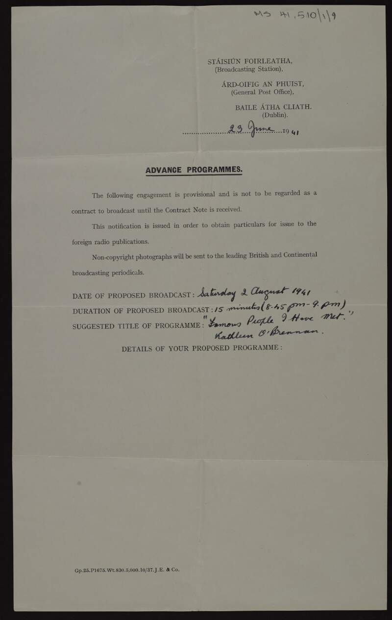 Letter [to Kathleen O'Brennan] from Radio Éireann provisionally agreeing to Kathleen O'Brennan's broadcast on Saturday 2 August 1941,