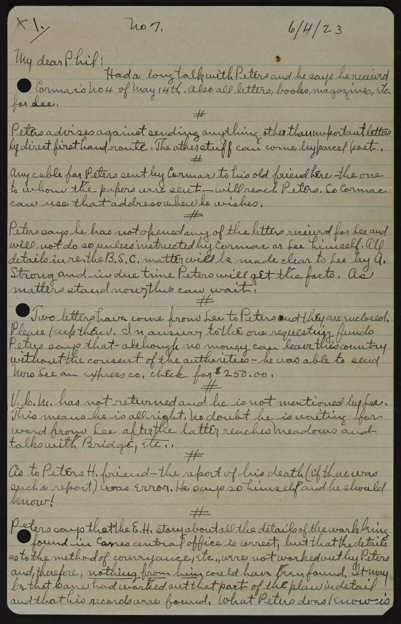 Letter from John T. Ryan to Joseph McGarrity regarding the activities of "Lee" and "Peters",
