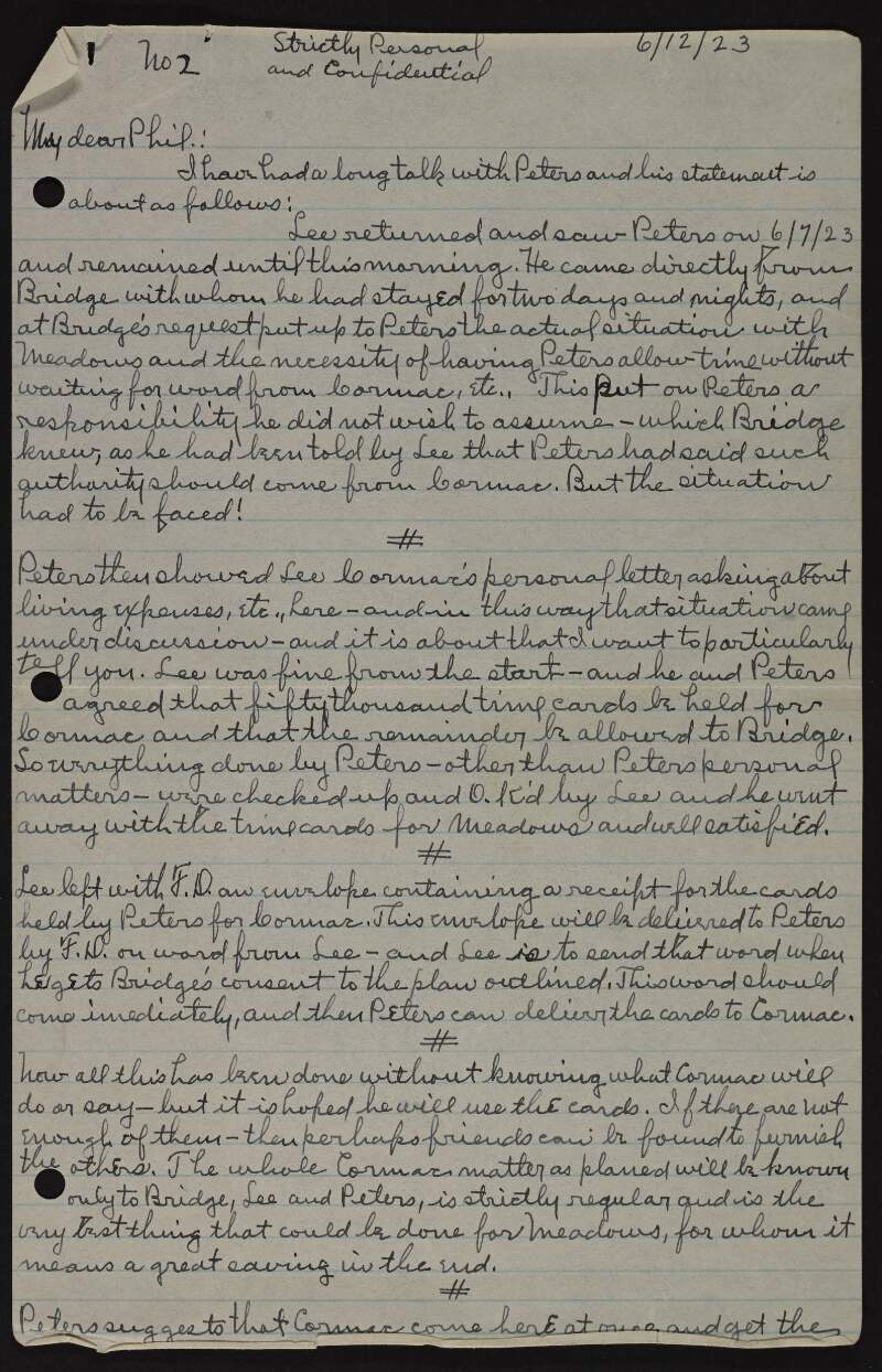 Letter from John T. Ryan to Joseph McGarrity regarding the activities of "Lee", "Peters" and "Cormac",
