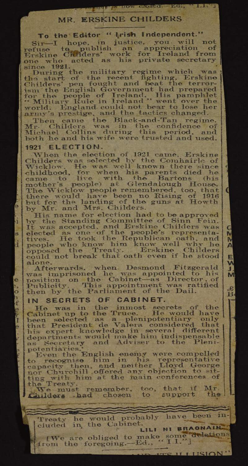 Newspaper cutting of letter from Lily O'Brennan to the Editor of 'The Irish Independent', concerning an appreciation of Erskine Childers,
