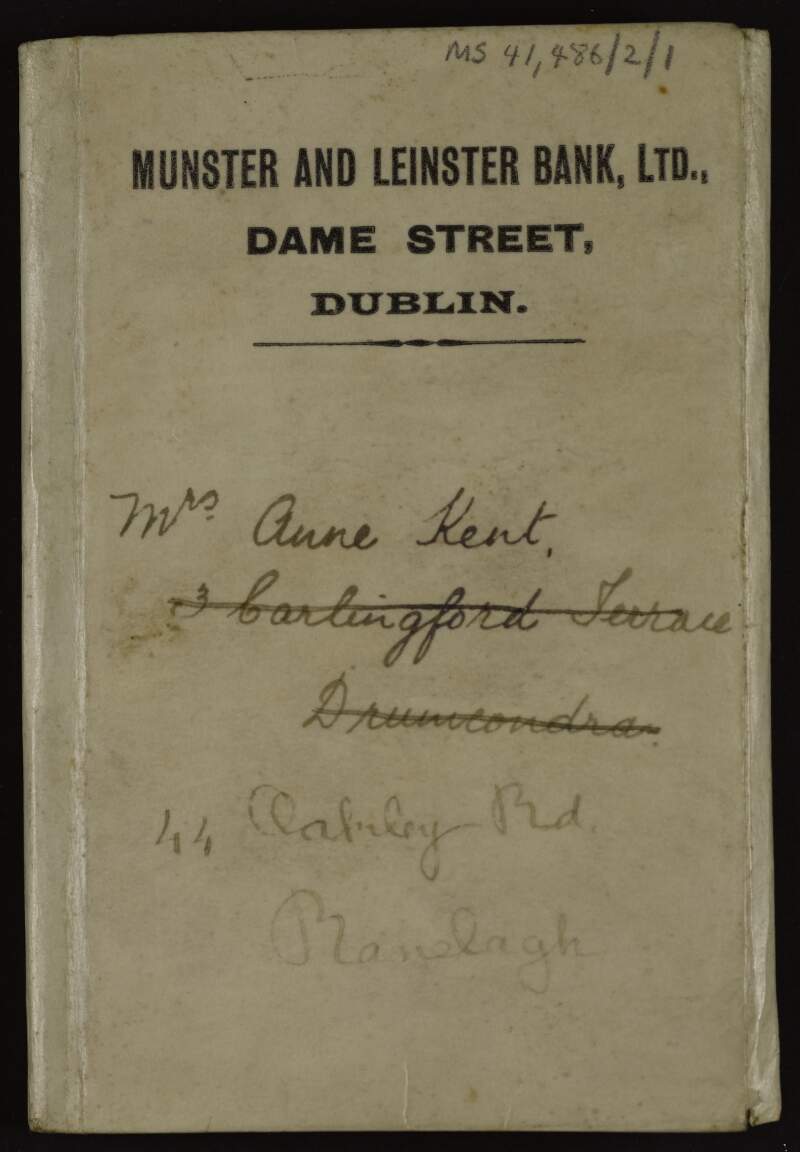 Bank account book for Áine Ceannt with the Munster and Leinster Bank Ltd.,
