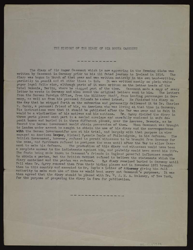 Typescript text entitled 'The History of the Diary of Sir Roger Casement',