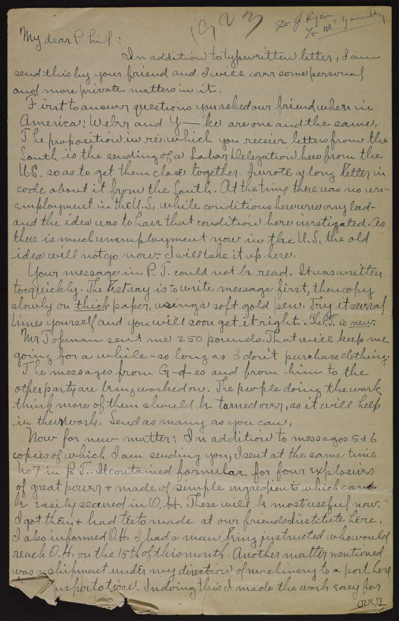 Letter from John T. Ryan to Joseph McGarrity discussing their methods of communication,