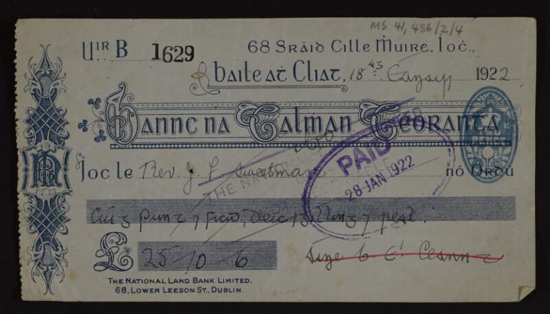 Cheque from Áine Ceannt to Rev J. F. Sweetman,