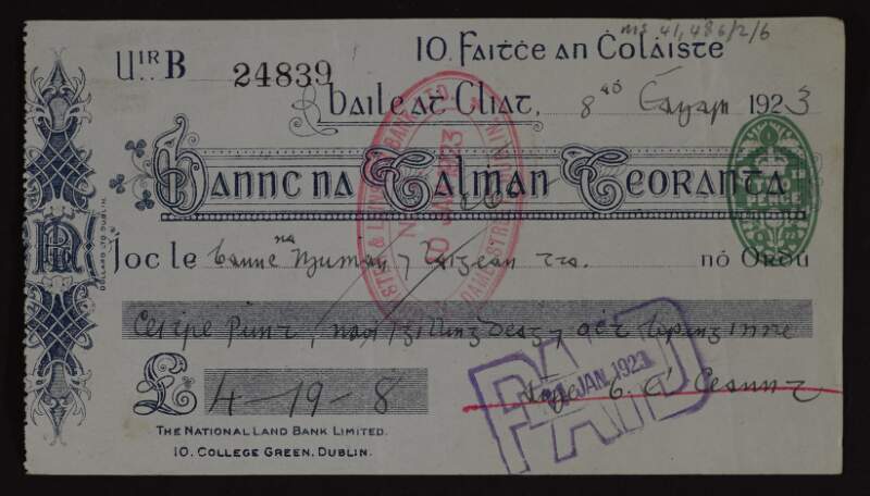 Cheque from Áine Ceannt to the Bannc na Mumhan agus Laighean Ltd (Munster and Leinster Bank Ltd.),