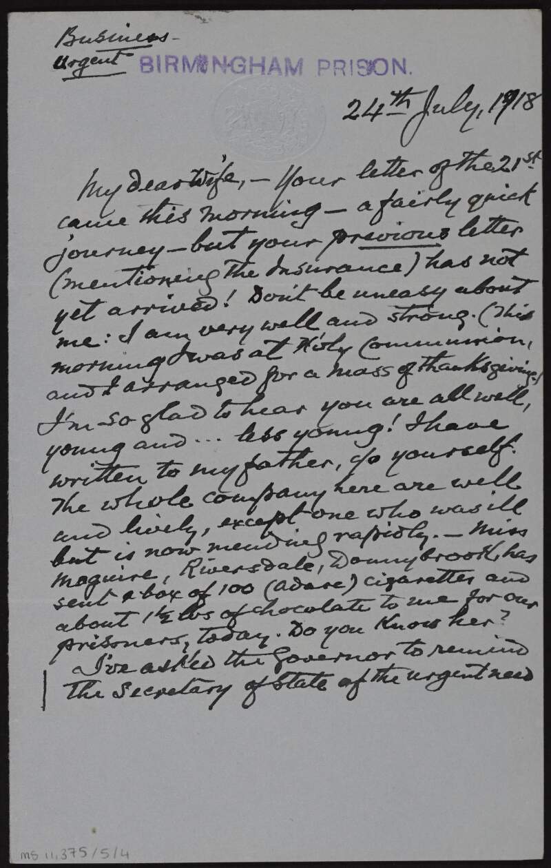 Letter to Mary Josephine Plunkett, Countess Plunkett, from George Noble Plunkett, Count Plunkett, reassuring her that he is fine, speaking about the urgency of settling his legal affairs, and about the publishing of 'Arrows',