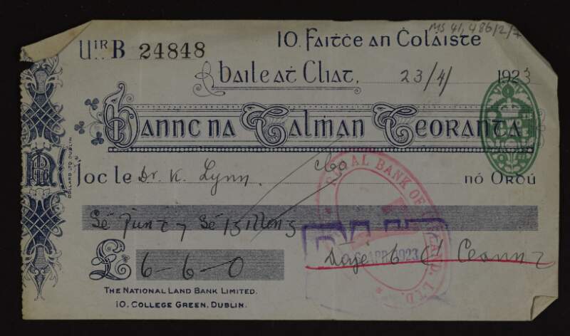 Cheque from Áine Ceannt to Dr. Kathleen Lynn,