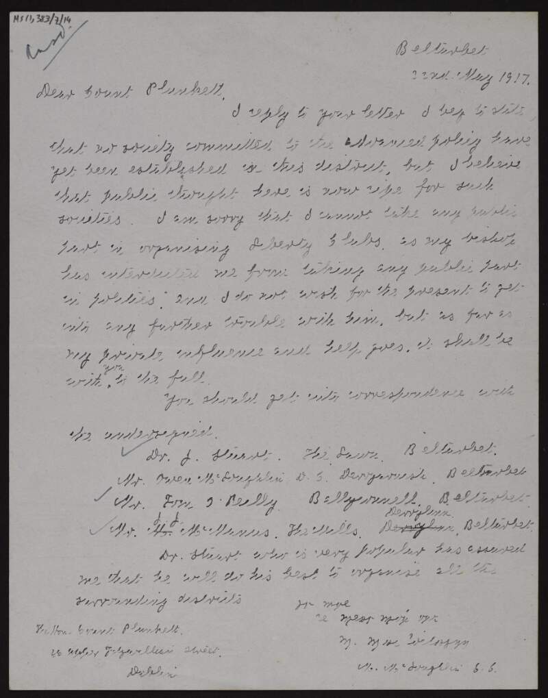 Letter from M. McLoughlin to George Noble Plunkett, Count Plunkett, regarding the establishment of a  Liberty Club in Belturbet,