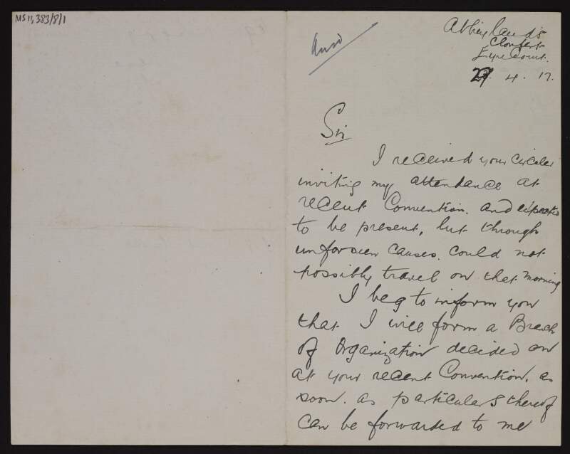 Letter from T. P. Killeen to George Noble Plunkett, Count Plunkett, regretting he was unable to attend the convention at the Mansion House in Dublin on 19th April, and that he will set up a Liberty Club when he has more information,