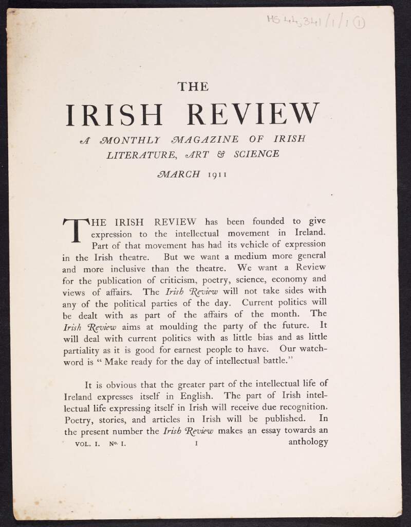 First proof of an advertisement for 'The Irish Review', detailing the prospective contents,