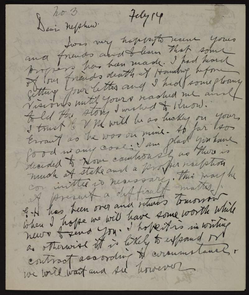 Letter from Joseph McGarrity to "Dear Nephew" with reference to a friend's death in Hamburg and current activities,