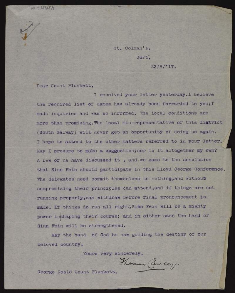 Letter from Thomas Cawley to George Noble Plunkett, Count Plunkett,  suggesting that Sinn Féin attend the Irish Convention,
