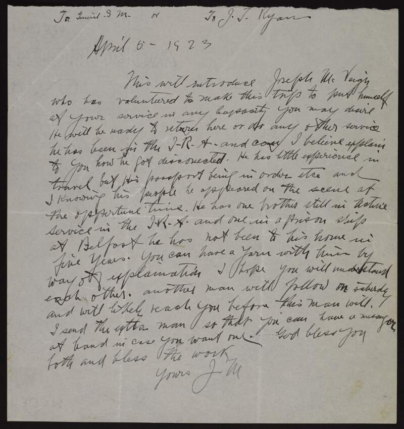 Letter from Joseph McGarrity to John T. Ryan introducing I.R.A. member Joseph McVeigh,