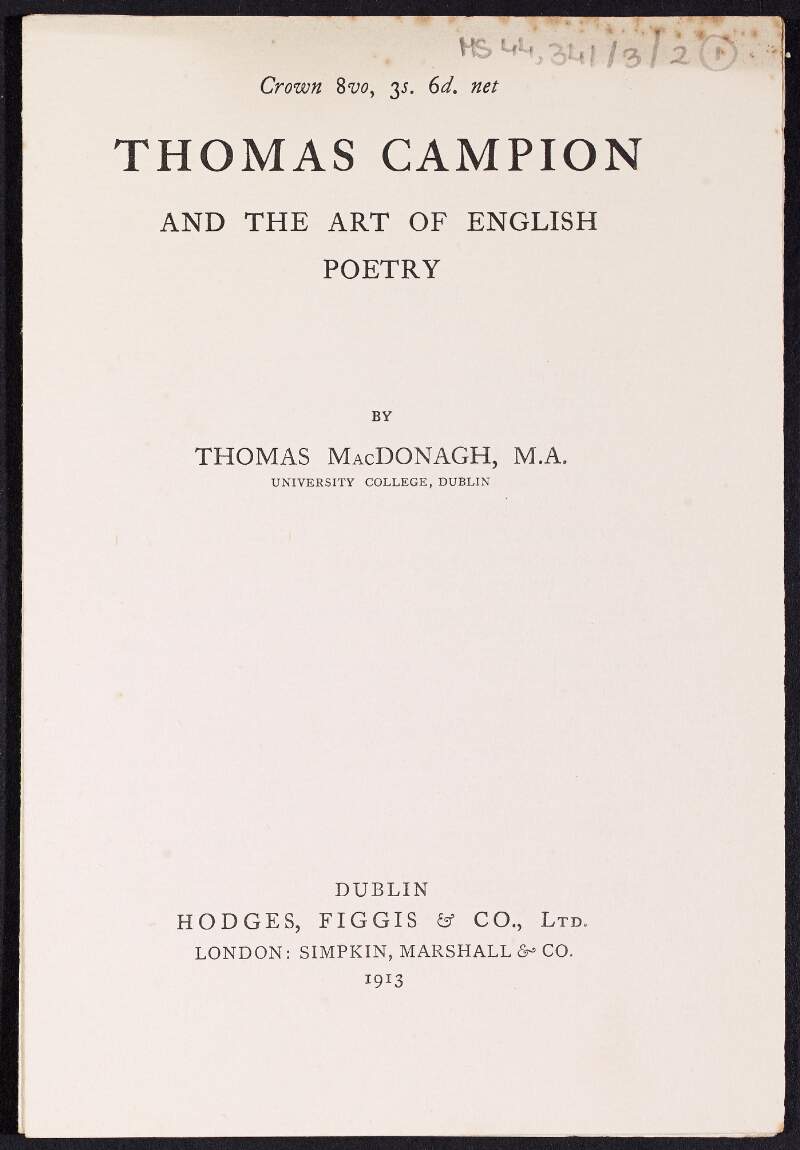 Five copies of an advertisement pamphlet for Thomas MacDonagh's published thesis 'Thomas Campion and the Art of English Poetry',