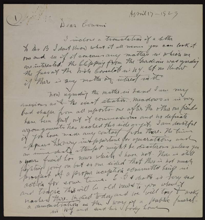 Incomplete letter from Joseph McGarrity to John T. Ryan regarding the death of Laurence Ginnell. Joseph McGarrity also informs him that 'Meadows' is in bad condition,