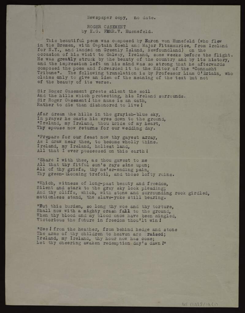 Typescript copy of newspaper article containing a poem entitled 'Roger Casement' by Baron Von Huenefeld,