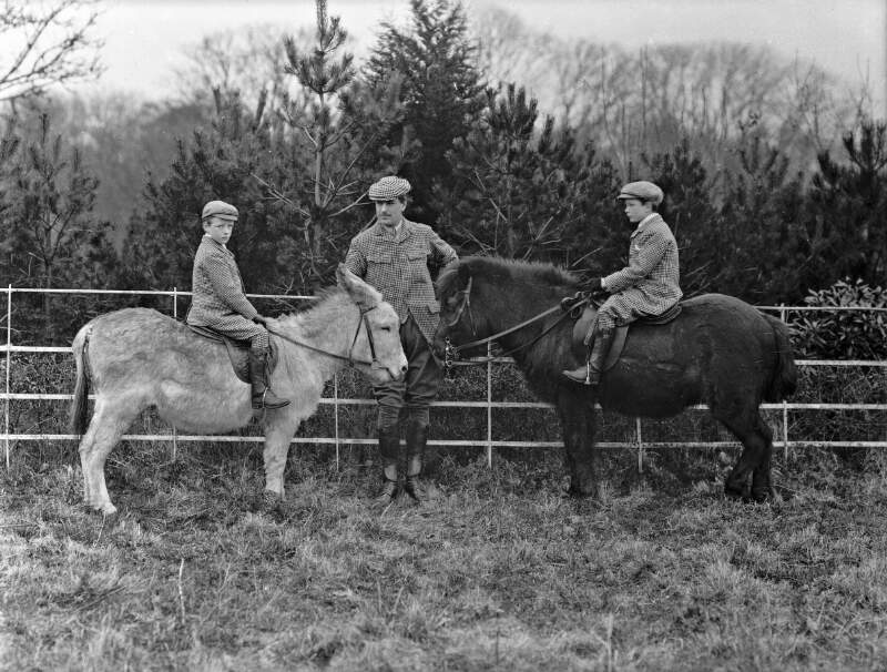 Mr. Fitzgerald standing and two boys on pony and donkey : commissioned by Mr. Fitzgerald