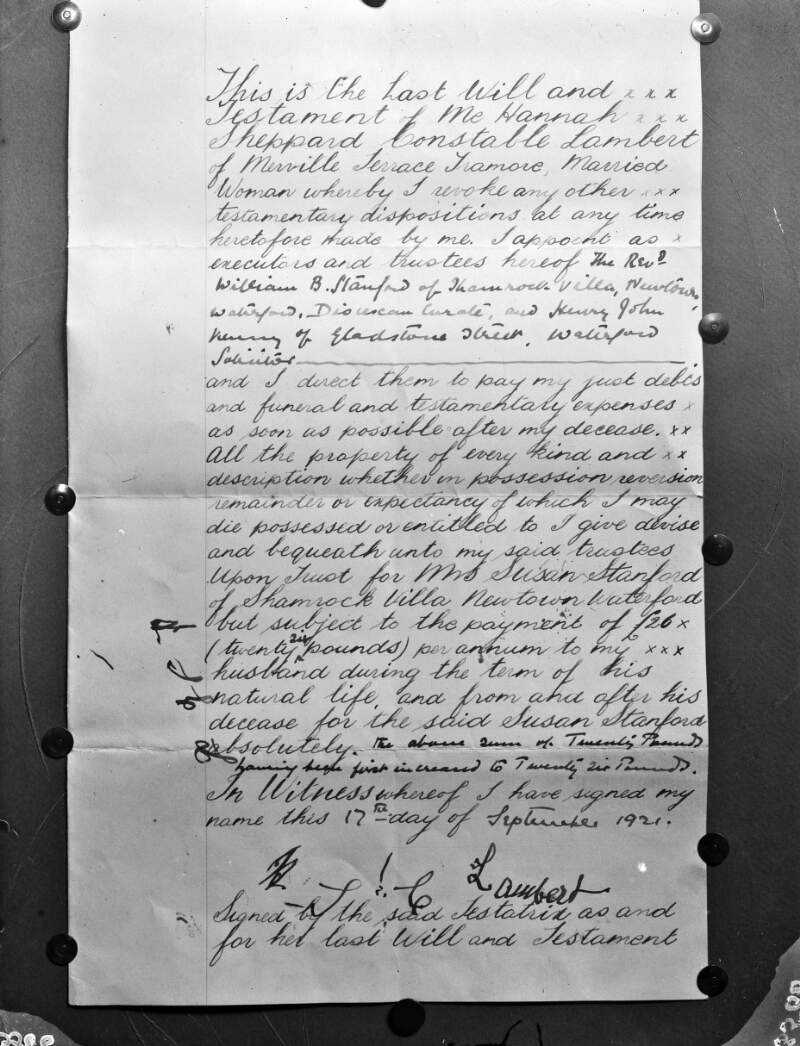 Will of Hannah Sheppard Constable Lambert : commissioned by Mr. W. Lambert, Tramore
