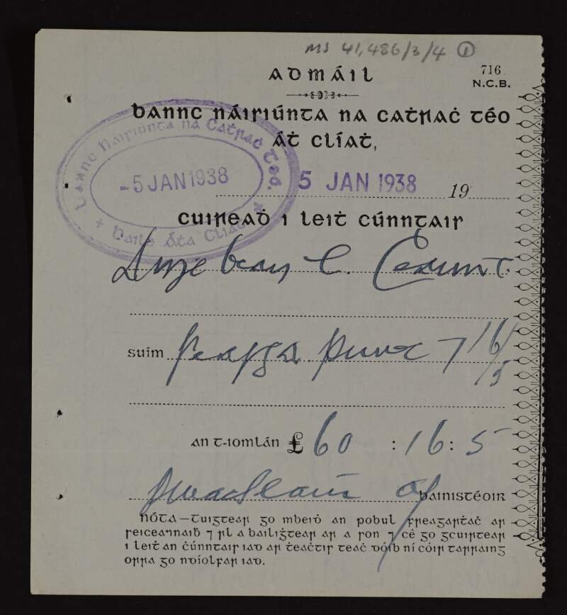Lodgement receipts with the National City Bank to Áine Ceannt's personal account,