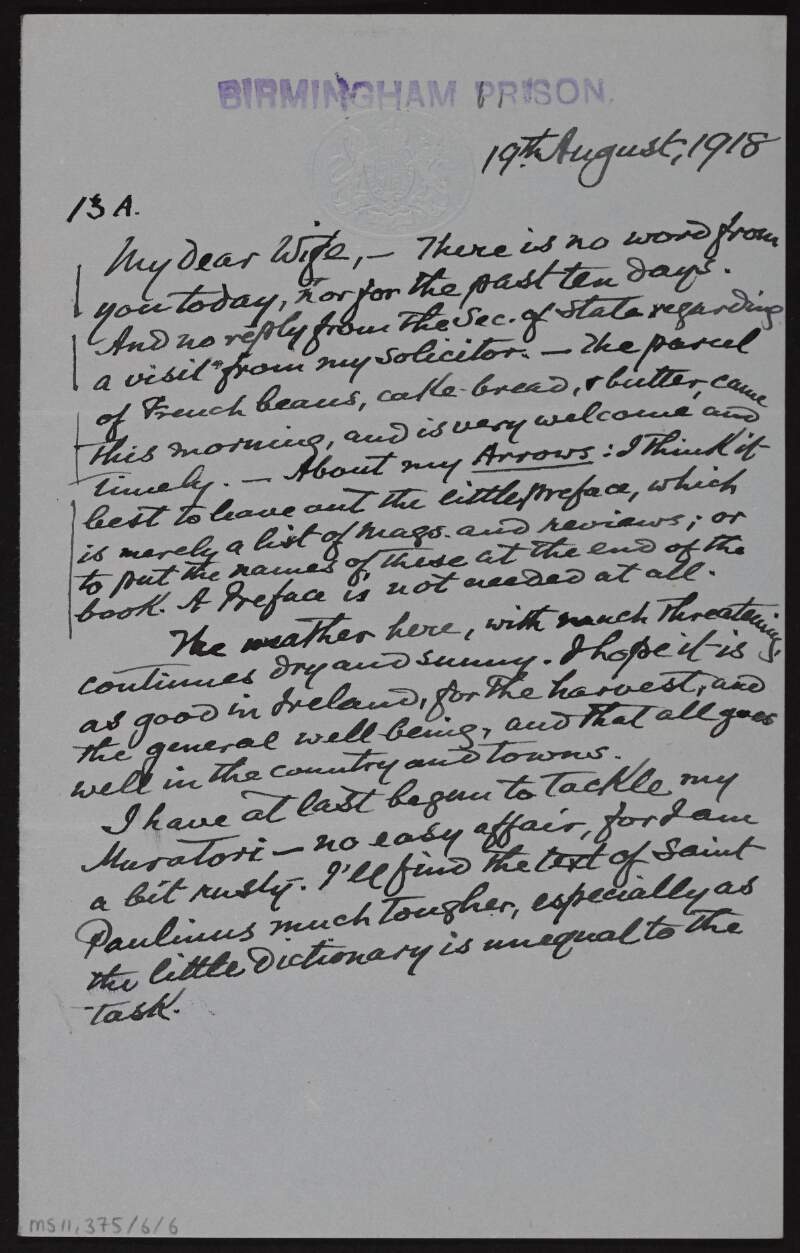 Letter to Mary Josephine Plunkett, Countess Plunkett, from George Noble Plunkett, Count Plunkett, regarding delays in communication and requests to meet his solicitor,