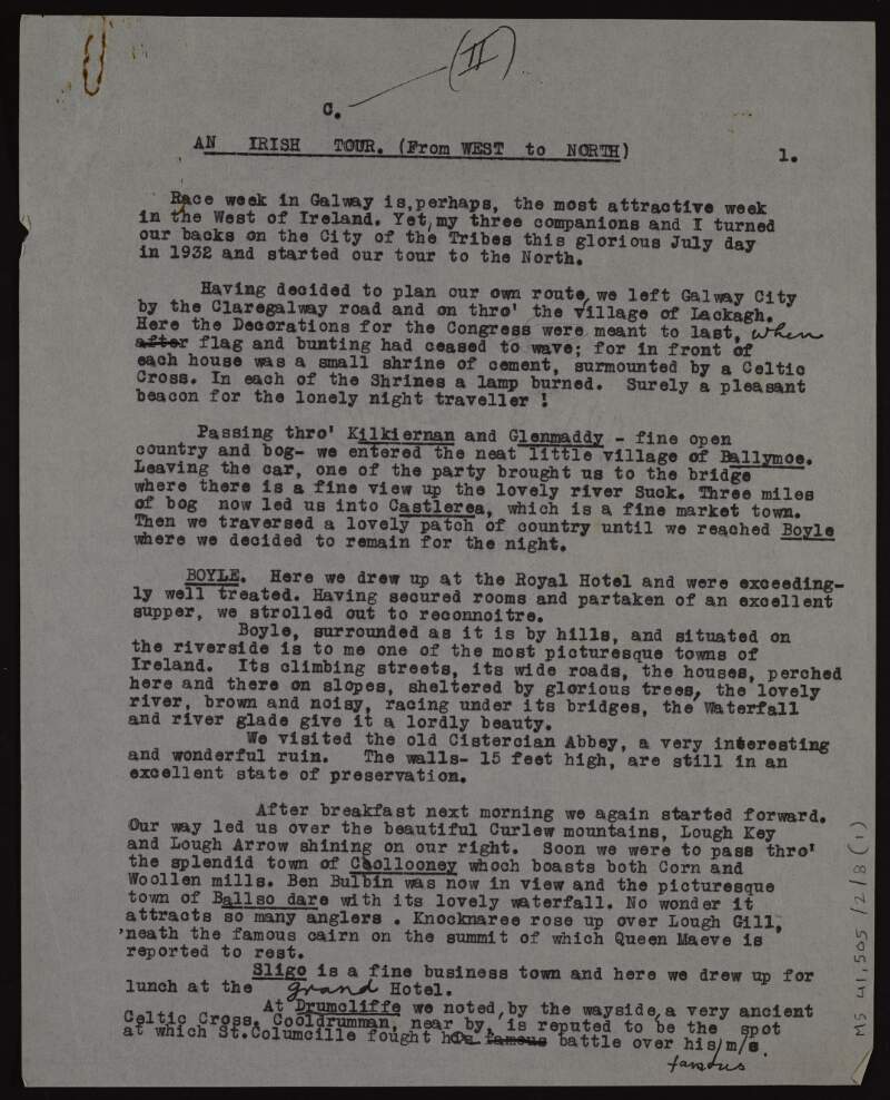 Annotated typescript draft of article 'An Irish tour (from west to north)',
