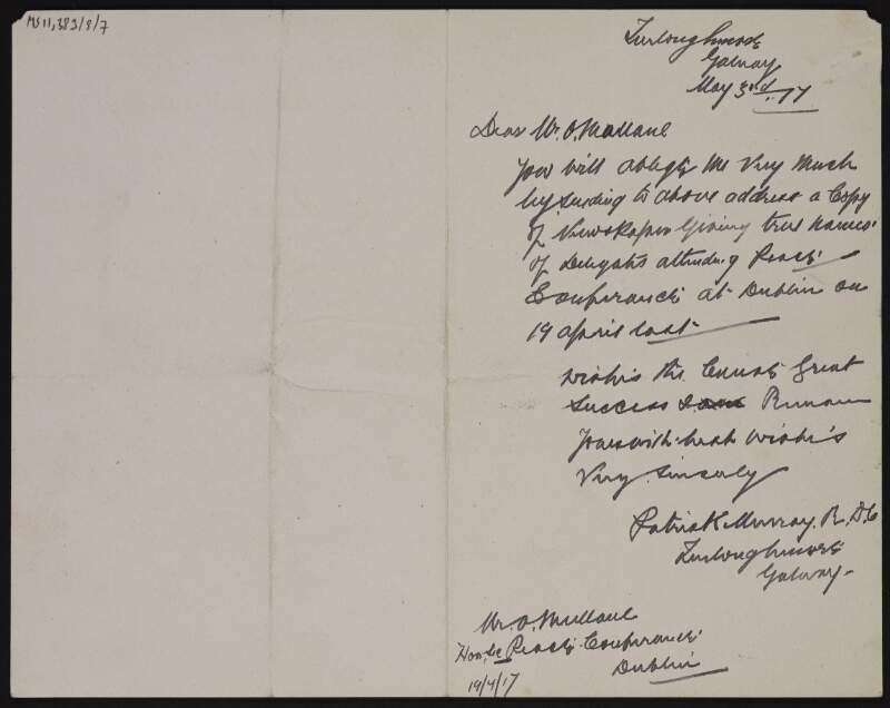 Letter from Patrick Murray to George Noble Plunkett, Count Plunkett, asking him for a copy of the list of delegates to the meeting at the Mansion House, Dublin, on 19 April 1917,