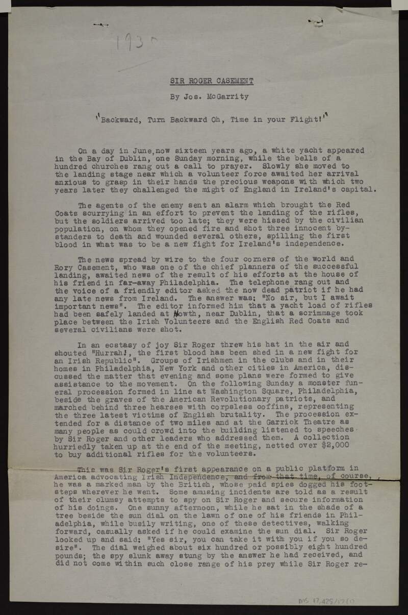 Typescript text entitled "Sir Roger Casement" by Joseph McGarrity relating to the actions of Casement between 1914 and his death,