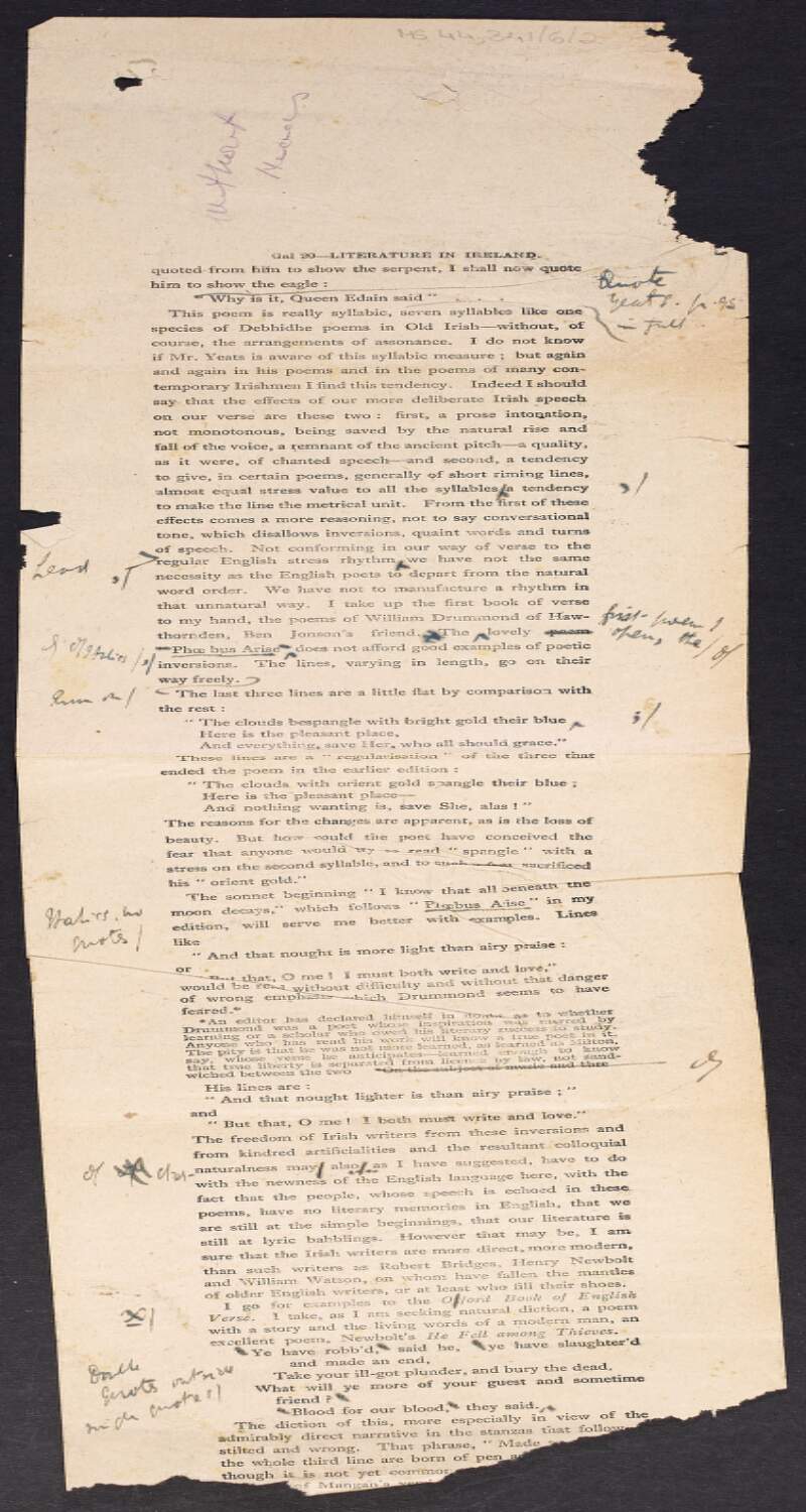 Partial galley proof number 20 of Thomas MacDonagh's book entitled 'Literature in Ireland', including annotations by Thomas,